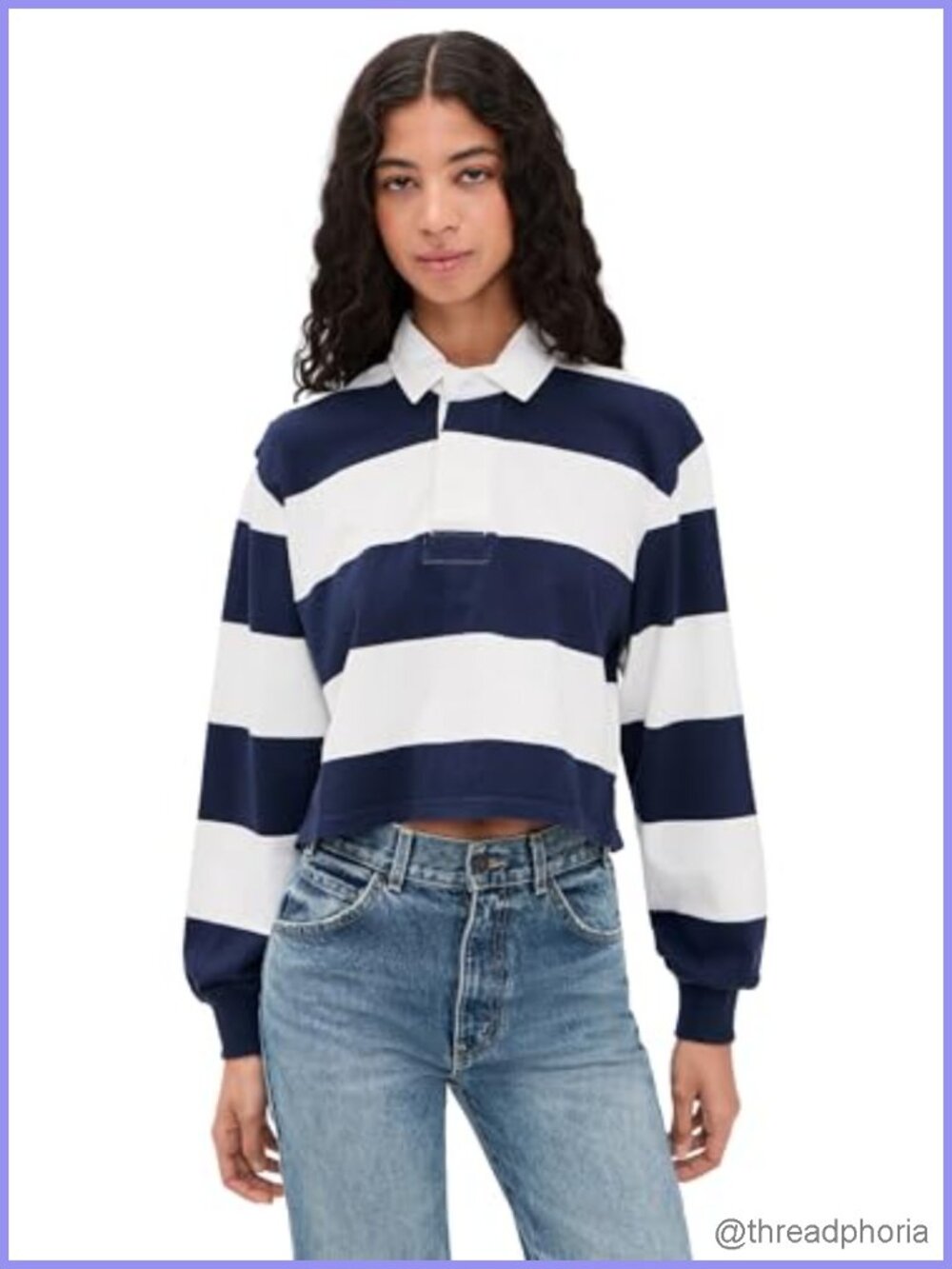 Women's Striped Rugby Tee with Partial Button Placket